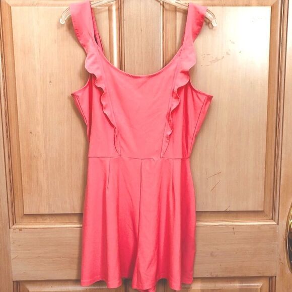 Ruffle Straps Coral Romper With Back Ties - Picture 1 of 6